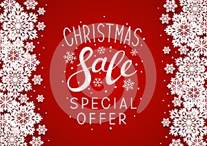 Christmas sale paper snowflakes borders on red background for Your winter holiday design