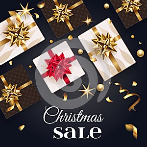 Christmas sale poster with gift box and gold bow, christmas tree. Happy New Year decoration with confetti and light