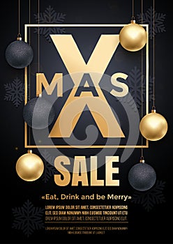 Christmas Sale poster of snowflakes pattern and golden balls