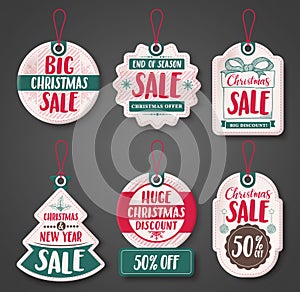 Christmas sale price tags vector set with different discount text and shapes