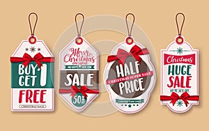 Christmas sale price tags vector set with red ribbons and discount promotions hanging