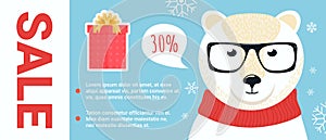 Christmas sale promo, cartoon polar bear with glasses and red scarf, present gifts, snowflakes decor