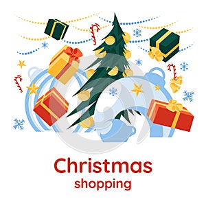 Christmas Sale Promotion banner with cute christmas tree, snowflakes, gifts, stars and big baloons on white background. Flat