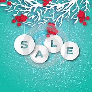 Christmas Sale for Promotion. Discount. Paper cut Baubles, Rowan branch and red berry. Origami carving Decorations