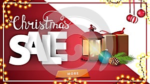 Christmas sale, red discount banner with button, gift, vintage lantern, Christmas tree branch with a cone and a Christmas ball