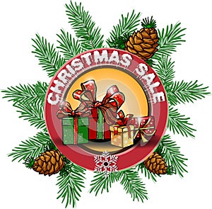 Christmas sale, round banner with Christmas treee branches and gift