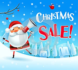 Christmas Sale! Santa Claus with megaphone in Christmas snow scene winter landscape.