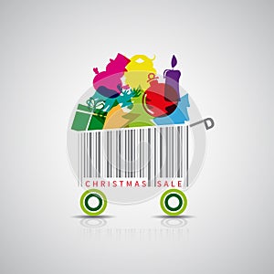 Christmas sale with shopping cart barcode and gifts on it. Sale