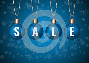 Christmas sale sign on blue baubles over white background