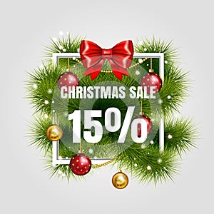 Christmas sale sign vector label 15 sale with red ribbon and green fir tree branches with gold christmas ball. Holiday