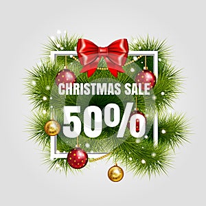 Christmas sale sign vector label 50 sale with red ribbon and green fir tree branches with gold christmas ball. Holiday