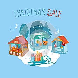 Christmas sale. Sled with gifts in front of wooden stalls of Christmas market. Hand drawn vector illustration.