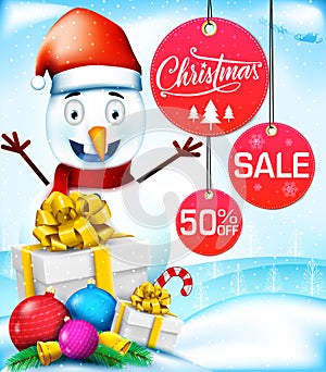 Christmas Sale with Snowman Character in Snowy Background