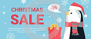 Christmas sale special offer promo, cartoon penguin in Xmas red hat promotes big discount in store