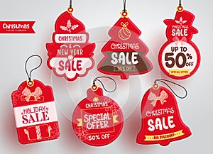 Christmas sale tags vector set design. Merry chritsmas and happy new year text in red color price tag