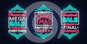 Christmas sale template design in neon style neon sign banner. Cover, flyer, bright, illuminated advertising sign on the