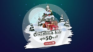 Christmas sale, up to 50% off, discount banner with big full moon, pines forest and Christmas tree in a pot with gifts
