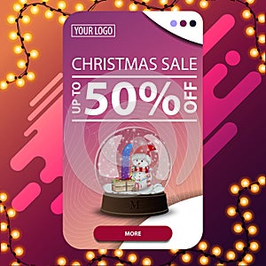 Christmas sale, up to 50% off, vertical pink discount banner with button and snow globe with snowman