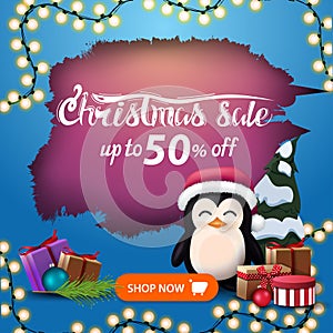 Christmas sale, up to 50% off, blue and pink discount banner with ragged hole, garland, orange button.