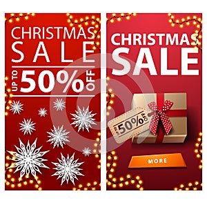 Christmas sale, up to 50% off, red vertical discount banners with paper snowflakes and presents with price tag