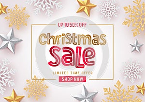 Christmas sale vector banner background design. Christmas sale text in white with gold and silver snowflakes and stars elements.