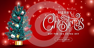 Christmas sale vector banner design. Christmas sale special offer text with xmas tree seasonal element.