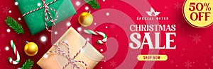 Christmas sale vector banner design. Christmas sale text in holiday discount offer with gifts elements for xmas shopping seasonal.