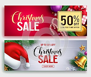 Christmas sale vector banner set with sale discount text and colorful christmas elements