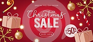 Christmas sale vector design. Christmas sale text with special holiday offer up to 50% off and elements like gift and candy cane.