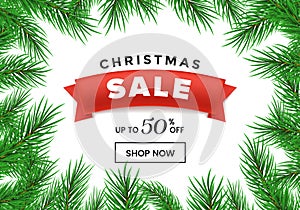 Christmas sale vector homepage template. Red ribbon with 50 percent discount in realistic fir tree branches frame. New