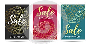 Christmas sale vector poster, flyer design set with sale promotional text and golden christmas elements pattern, premium