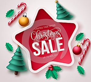 Christmas sale vector template banner. Christmas sale text in star frame design with xmas elements