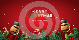 Christmas sale web banner with fir branches border and nutcracker, candy stick decoration elements on red background