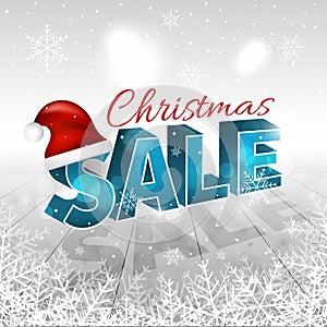 Christmas sale winter background with snowfall, snowflakes, Santa Claus hat and glitter.