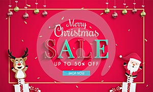 Christmas sales banner design.and Santa Claus and reindeer emerged from the gift box