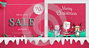 Christmas sales banner design.and Santa Claus with reindeer.and snowman standing.and waving the hand