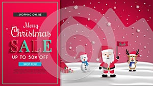 Christmas sales banner design.and there are Santa Claus and reindeer and snowman standing welcome