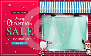 Christmas sales banner design. and there are Santa Claus and reindeer standing welcome and inviting you to online shopping