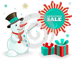 Christmas Sales Banner: Funny Snowman and xmas gifts