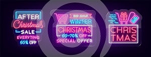 Christmas sales, collection neon signs signs advertising bright festive discounts. Set of cards New Year sales, a