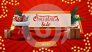 Christmas sales, discount banner in the form of ribbon with Santa Claus bag with presents, Christmas tree branch and button