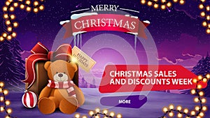 Christmas sales and discount week, horizontal discount banner with garland, present with Teddy bear and winter landscape