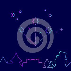 Christmas Salute, Firework Vector Line Icon, Symbol, Pictogram, Sign on a Dark Blue Background. Related Bottom Border