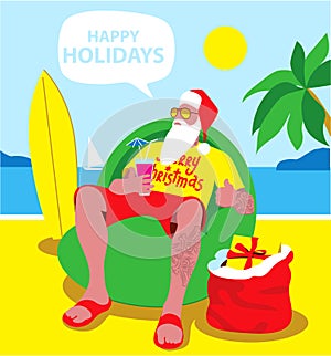 Christmas Santa on the beach with palm on some tropical island. Santa Claus with surfboard and gifts, christmas vacation