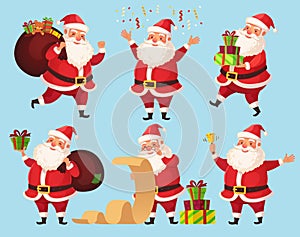 Christmas Santa cartoon character. Funny Santa Claus with Xmas presents, winter holiday characters vector illustration