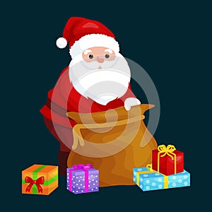 Christmas Santa Claus with bag full of presents for winter holiday xmass, new year gifts vector illustration