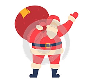 Christmas Santa Claus character in red traditional costume and cute Santa hat with a big red gift bag vector