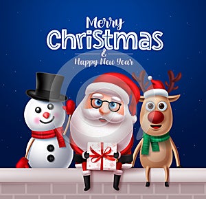 Christmas santa claus characters greeting card design. Santa claus, reindeer and snowman vector characters.