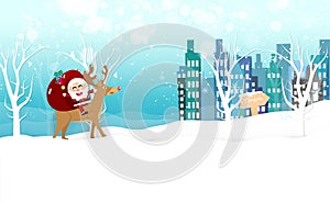 Christmas, Santa Claus is coming to town, reindeer cartoon snowflakes fall, winter holiday season card banner, celebration