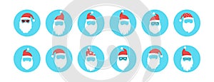 Christmas Santa Claus face icon with beard, hat. Hipster New Year men, winter old character set. Cartoon vector